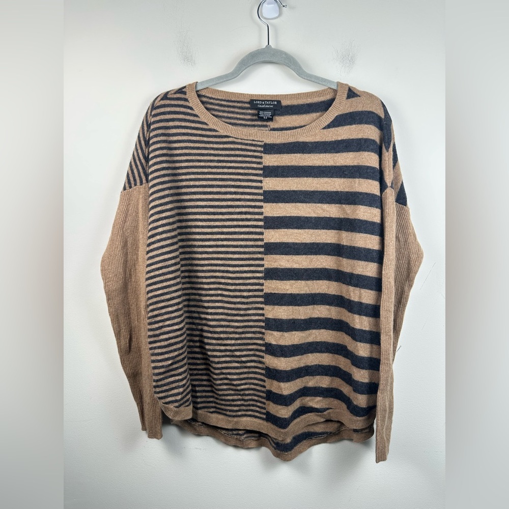 Lord & Taylor Tan and Black Cashmere Striped Sweater
